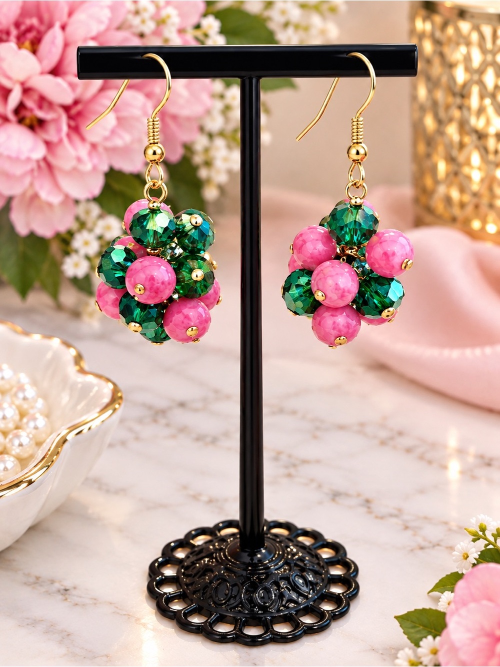 Hand Crafted Pink and Green Cluster Drop Earrings